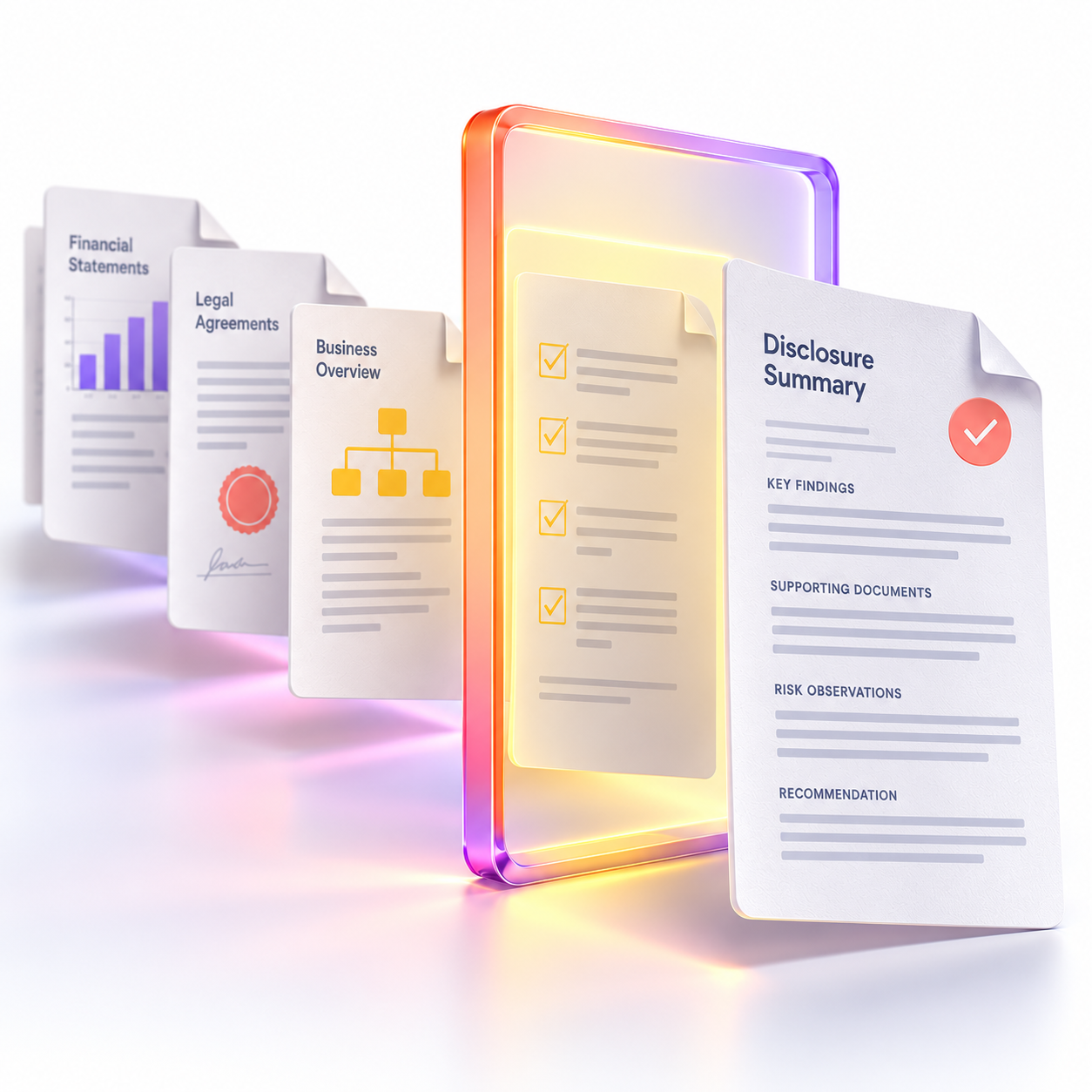 Financial and legal documents passing through a coral and purple review frame.