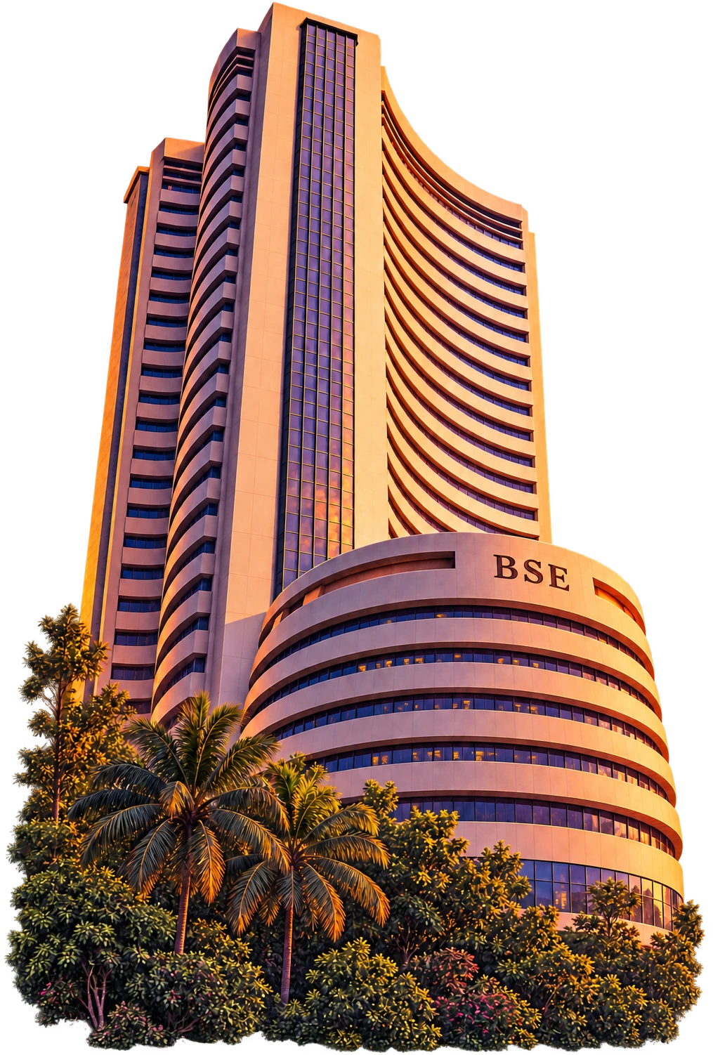 The curved Bombay Stock Exchange tower, lit in warm coral tones.