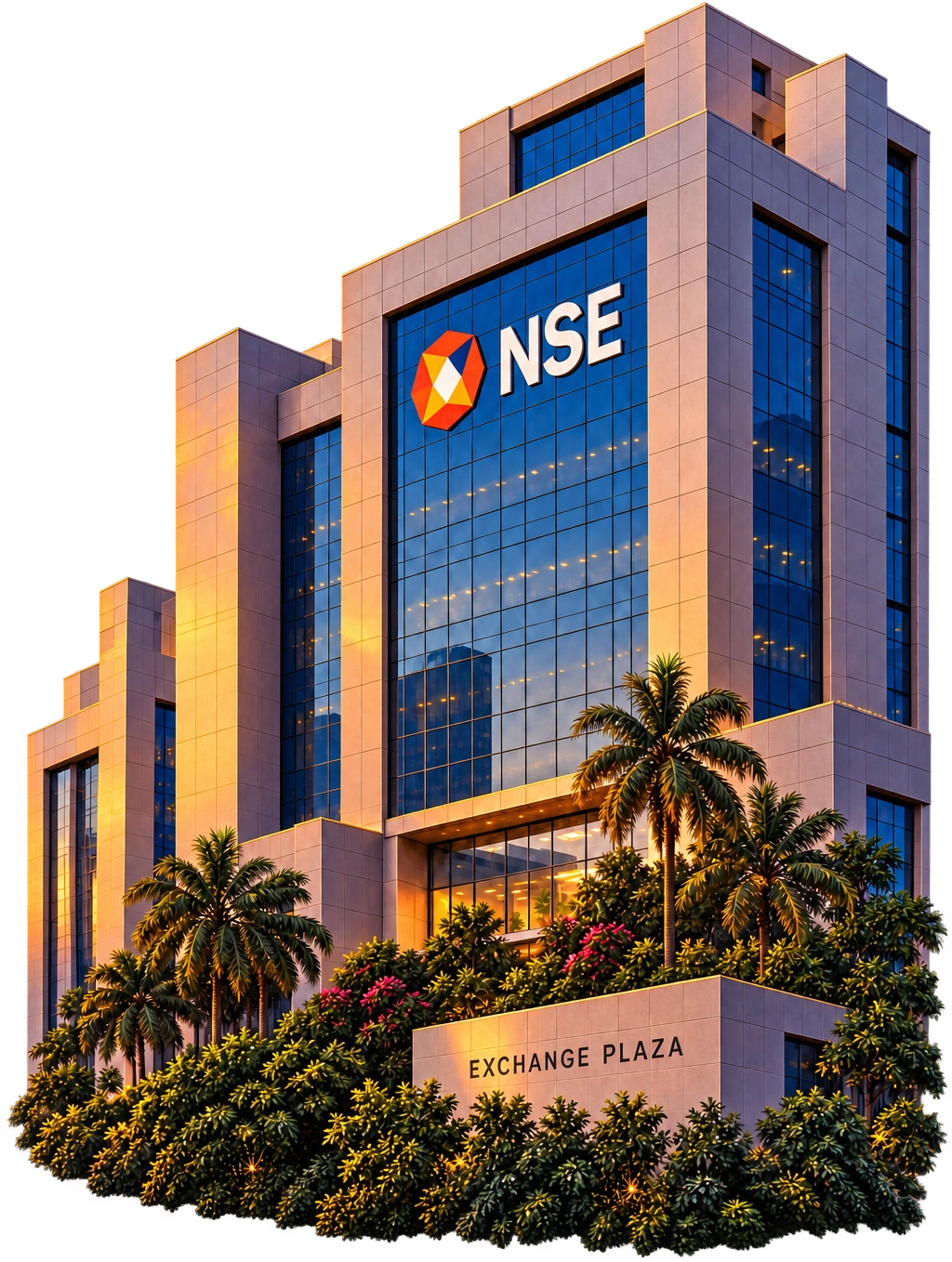 National Stock Exchange Exchange Plaza, lit in warm coral tones.