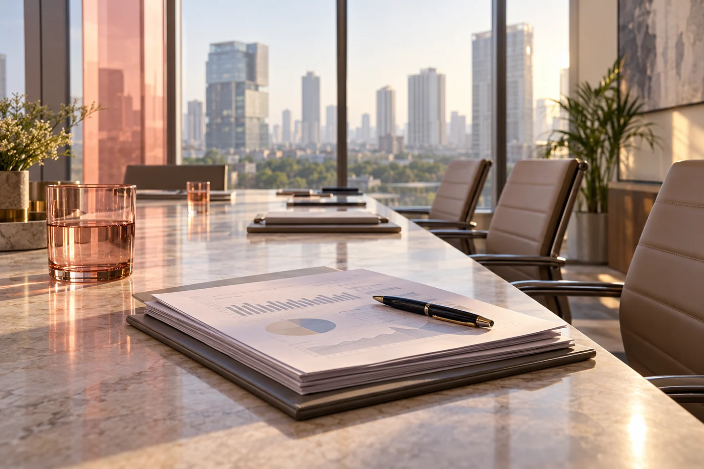 Conceptual boardroom with financial documents and a city view.