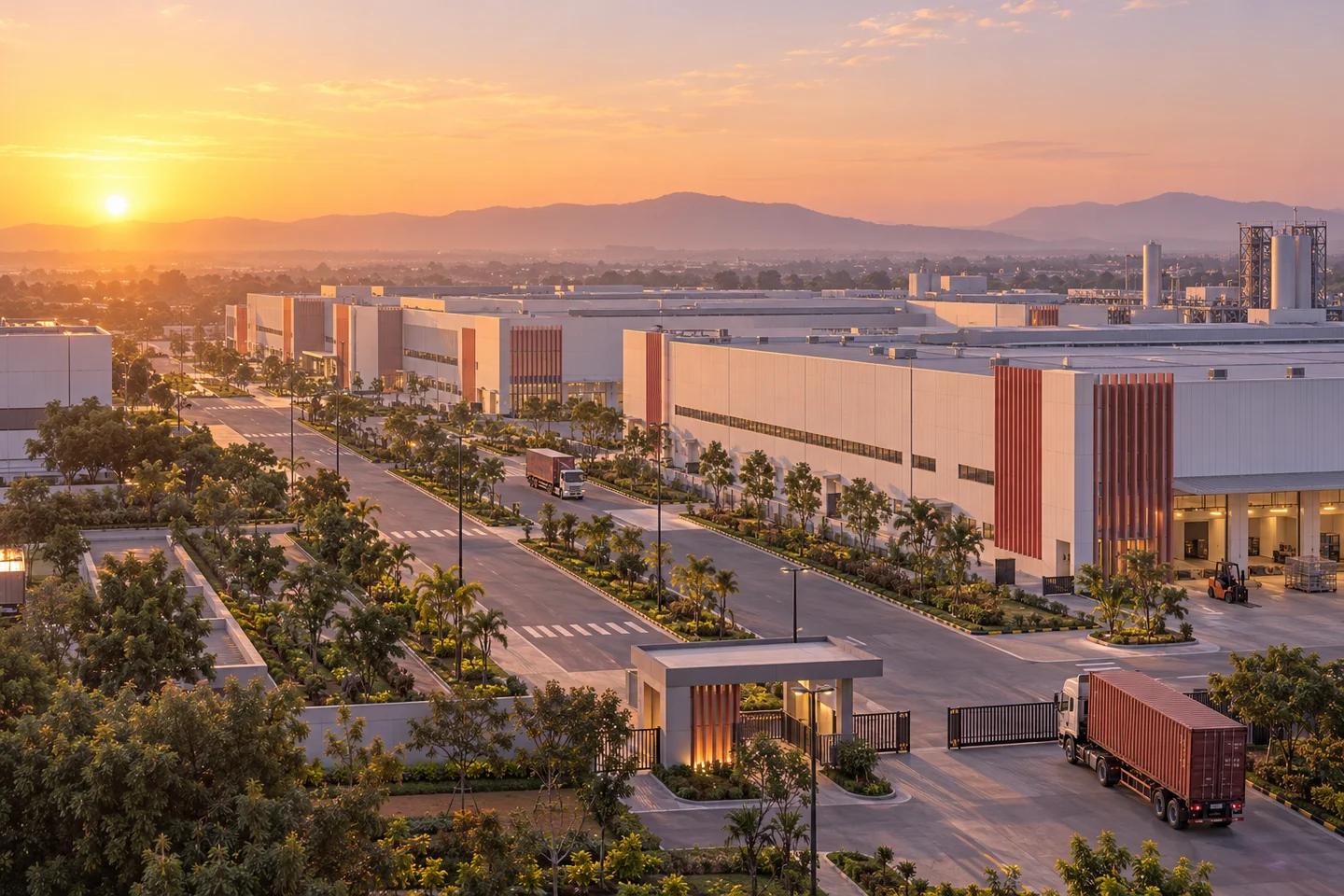 Conceptual advanced manufacturing campus in warm morning light.