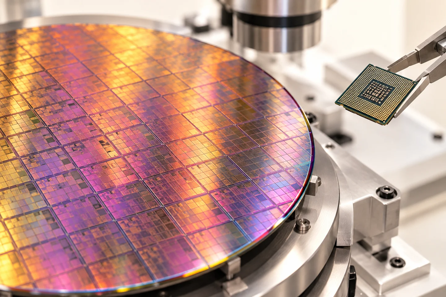 Conceptual semiconductor wafer and processor with coral and gold reflections.