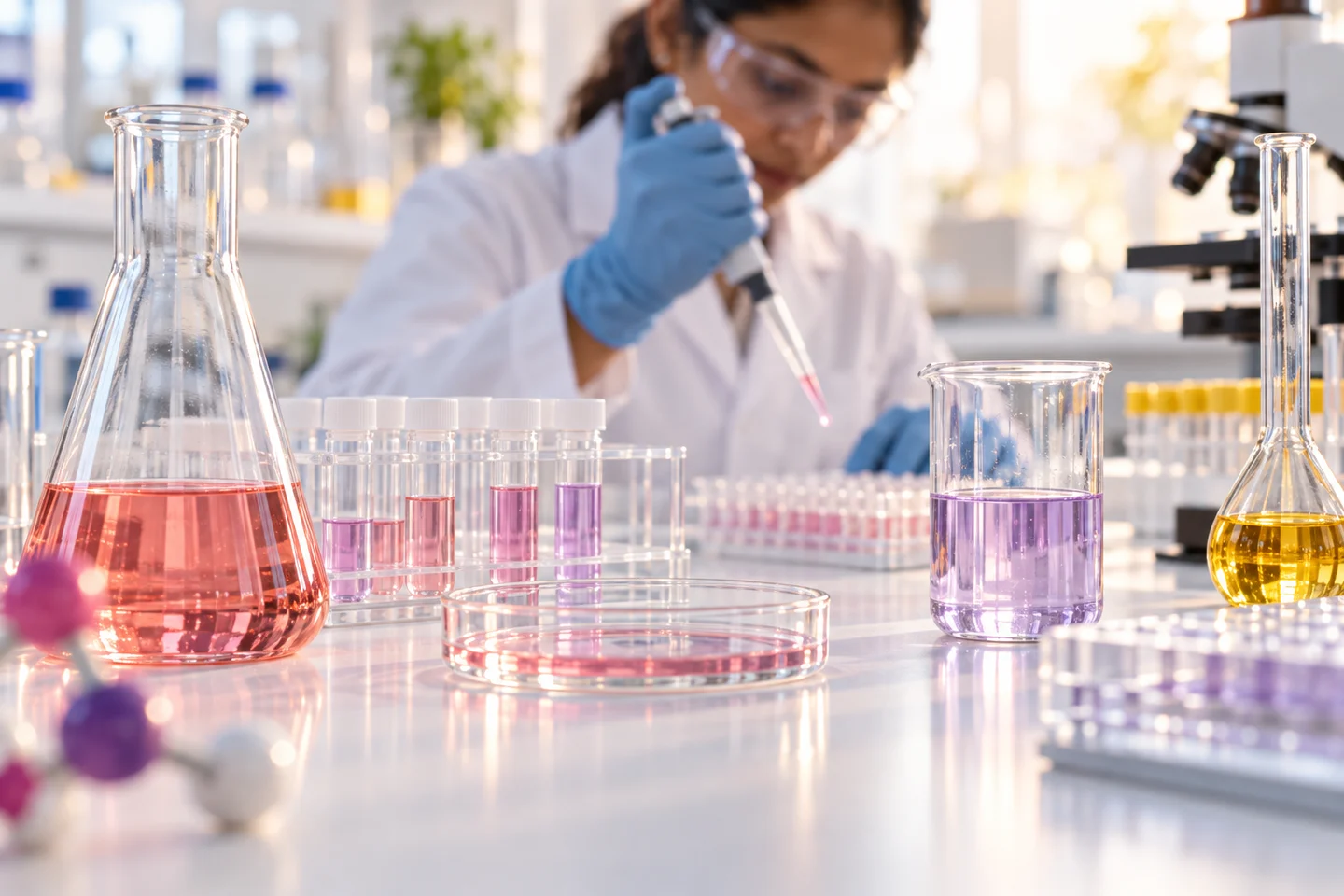 Conceptual life sciences research with a scientist and laboratory glassware.