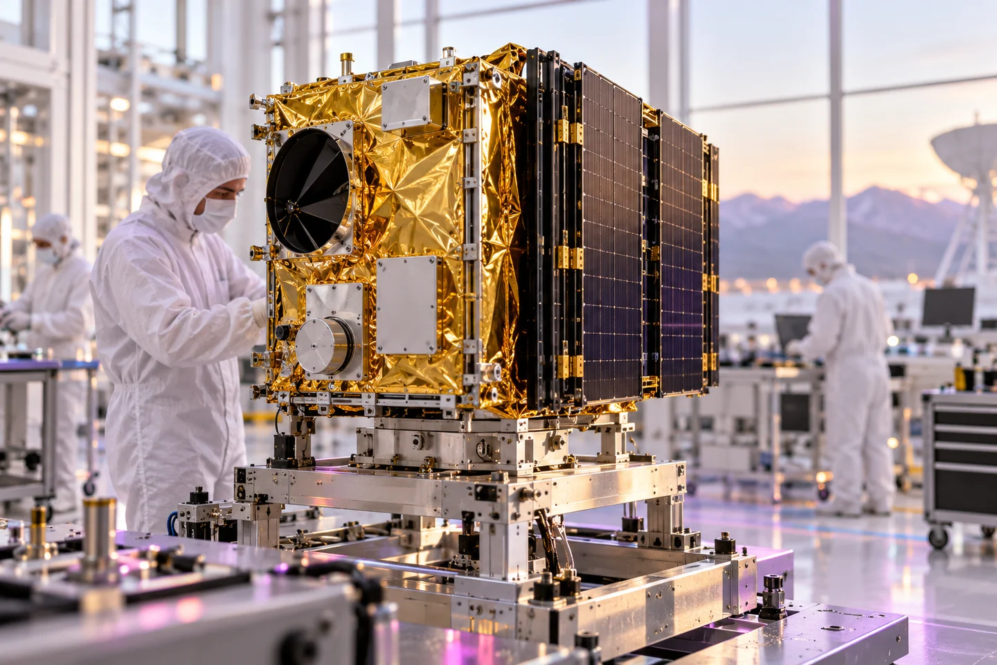 Conceptual satellite assembly in a bright aerospace cleanroom.
