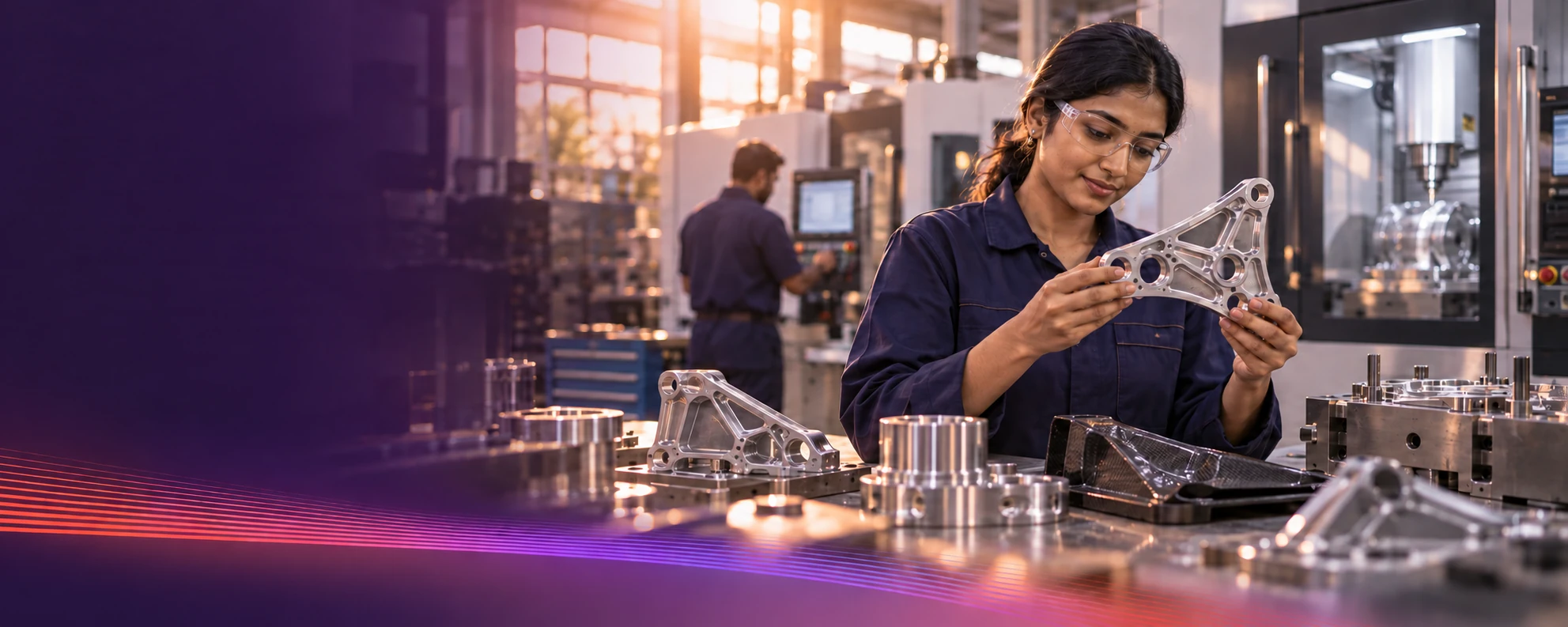 An engineer inspecting a precision-machined aerospace component beside CNC machinery and mould tooling.